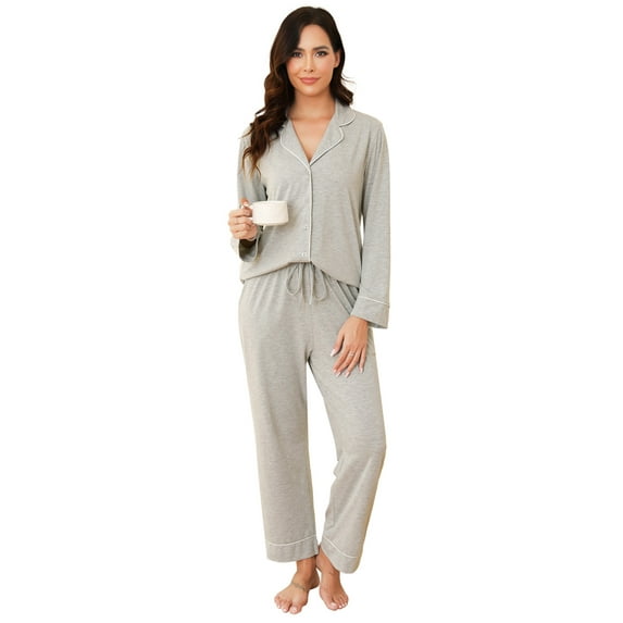 Womens Cotton Pajama Sets with Long Sleeves Button Down Pajama Set for Women 2pcs Women Soft Sleepwear Set with Long Pants Womens Casual Loungewear Sets with Pockets, S-XXL