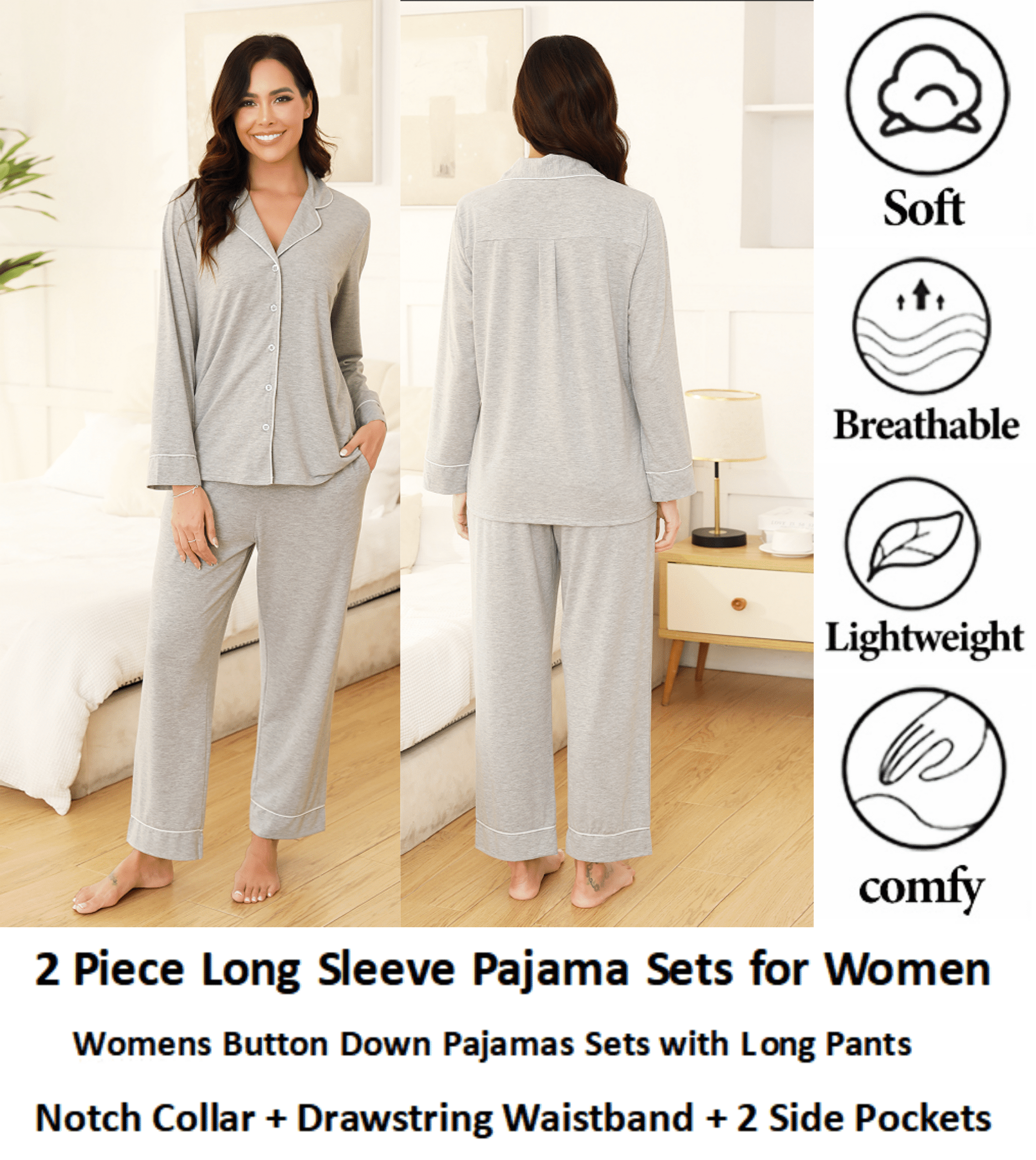 Womens Cotton Pajama Sets with Long Sleeves Button Down Pajama Set for ...