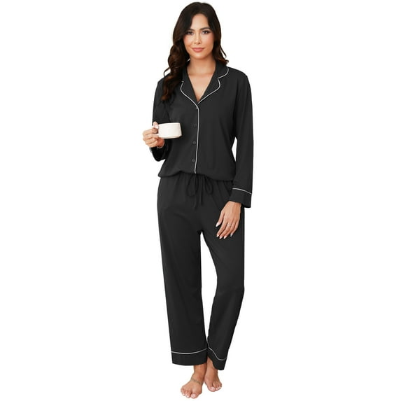 Womens Cotton Pajama Sets with Long Sleeves Button Down Pajama Set for Women 2pcs Women Soft Sleepwear Set with Long Pants Womens Casual Loungewear Sets with Pockets, S-XXL