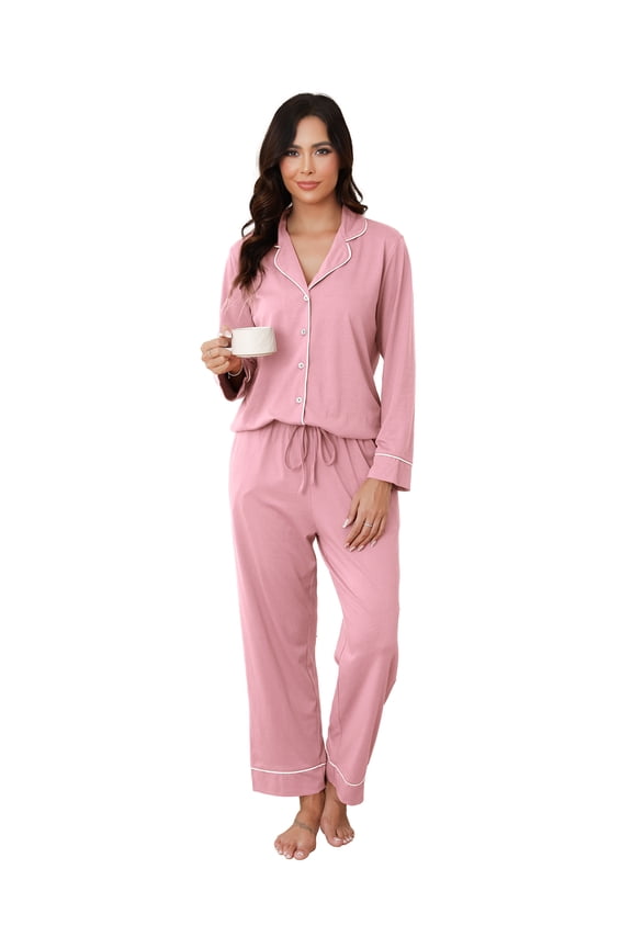 Womens Cotton Pajama Sets with Long Sleeves Button Down Pajama Set for Women 2pcs Women Soft Sleepwear Set with Long Pants Womens Casual Loungewear Sets with Pockets, S-XXL