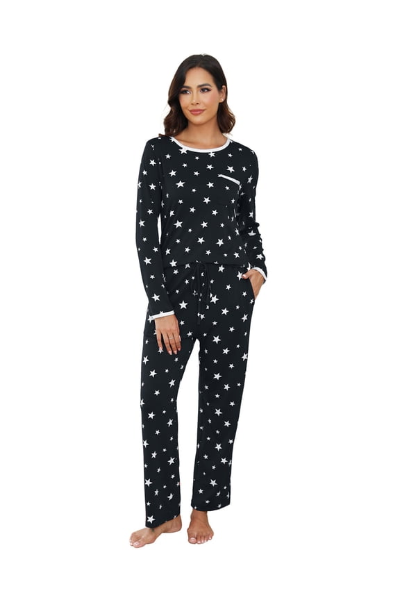 Womens Cotton Pajama Sets with Long Sleeves and Long Pants 2pcs Round Neck Sleepwear Sets for Women Soft Loungewear Set with Pockets Cute Star Print Women Nightwear Sets, S-XXL