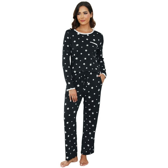 Womens Cotton Pajama Sets with Long Sleeves and Long Pants 2pcs Round Neck Sleepwear Sets for Women Soft Loungewear Set with Pockets Cute Star Print Women Nightwear Sets, S-XXL