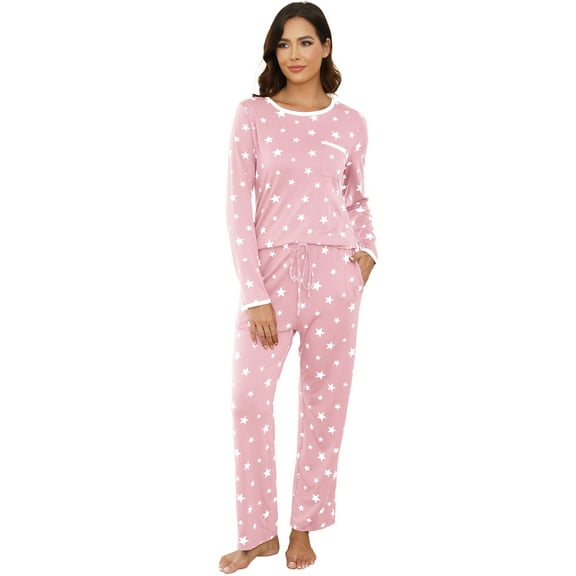 Womens Cotton Pajama Sets with Long Sleeves and Long Pants 2pcs Round Neck Sleepwear Sets for Women Soft Loungewear Set with Pockets Cute Star Print Women Nightwear Sets, S-XXL