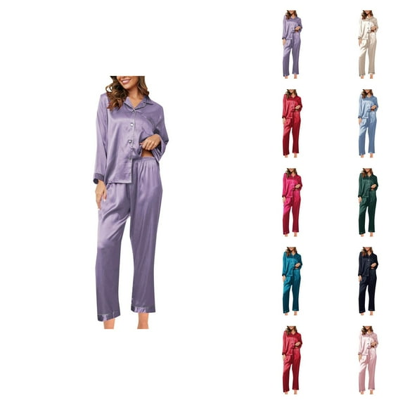 Womens Cotton Pajamas – Lace Short Set Women's Fashionable Pajama Set Silk Pajamas 2 Piece Satin Pajama Set Long Sleeve Button Down Casual Suit With Pants