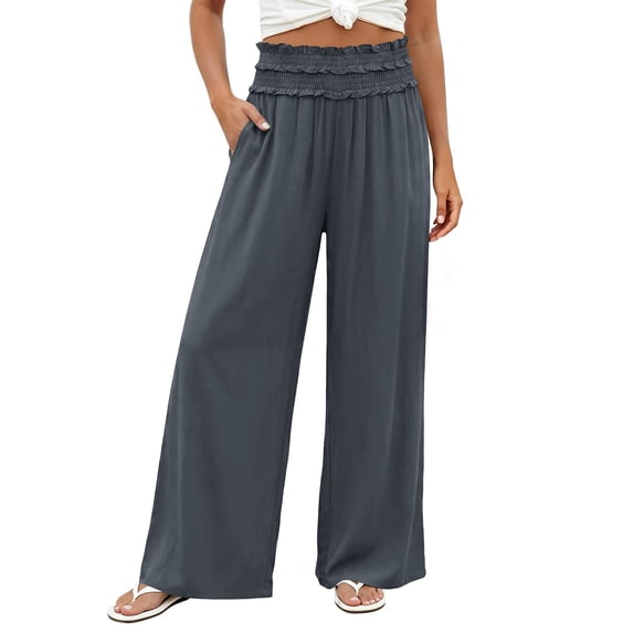 Womens Cotton Palazzo Pants Elastic Waisted Pull On Beach Trousers Casual Wide Leg Long Lounge Summer Vacation Dark Gray M(M)