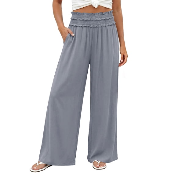 Womens Cotton Palazzo Pants Elastic Waisted Pull On Beach Trousers Casual Wide Leg Long Lounge Summer Vacation Gray XXL(XXL)