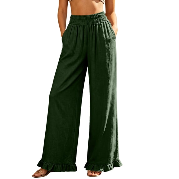 Womens Cotton Palazzo Pants Wide Leg Elastic High Waist RuffleCasual Summer Beach Vacation Trousers with Pockets