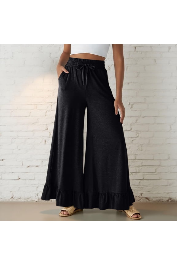 Womens Cotton Pants Casual Flared Leg Wide Leg Drawstring Ruffle Harem Palazzo Pants with Pockets Black L
