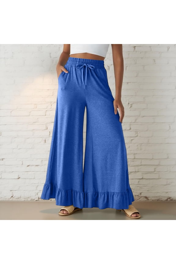 Womens Cotton Pants Casual Flared Leg Wide Leg Drawstring Ruffle Harem Palazzo Pants with Pockets Blue S