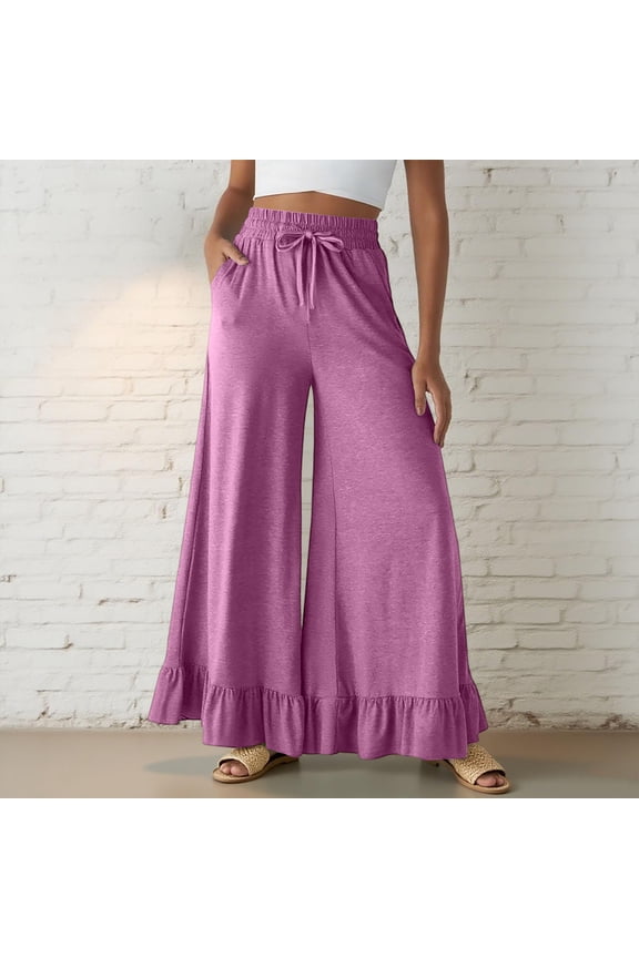 Womens Cotton Pants Casual Flared Leg Wide Leg Drawstring Ruffle Harem Palazzo Pants with Pockets Hot Pink S