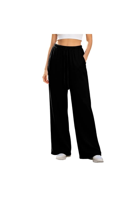 Womens Cotton Pants Drawstring Waist Straight Wide Leg Pants Palazzo Beach Loose Fit Casual Trousers with Pockets