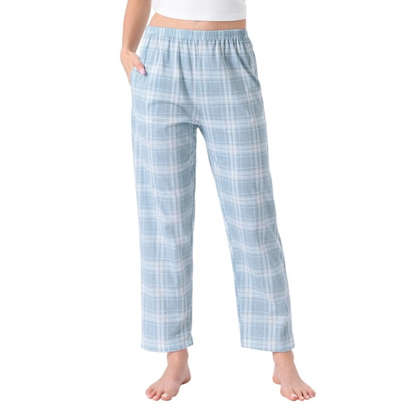 Womens Cotton Plaid Pajama Bottoms Elastic Waist with Pocket Long Sleepwear Lounge Pants L Blue Plaid