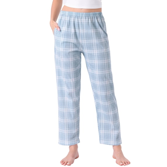 Womens Cotton Plaid Pajama Bottoms Elastic Waist with Pocket Long Sleepwear Lounge Pants S Blue Plaid