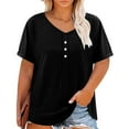 thumbnail image 1 of Womens Cotton Plus Size T-shirts Buttons V Neck Base Tee Solid Color Loose Fit Casual Summer Tops (3XL, Black), 1 of 7