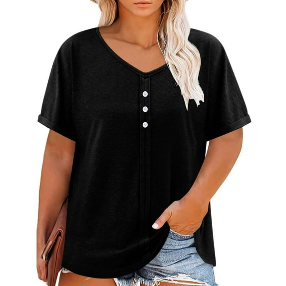 Womens Cotton Plus Size T-shirts Buttons V Neck Base Tee Solid Color Loose Fit Casual Summer Tops (3XL, Black)