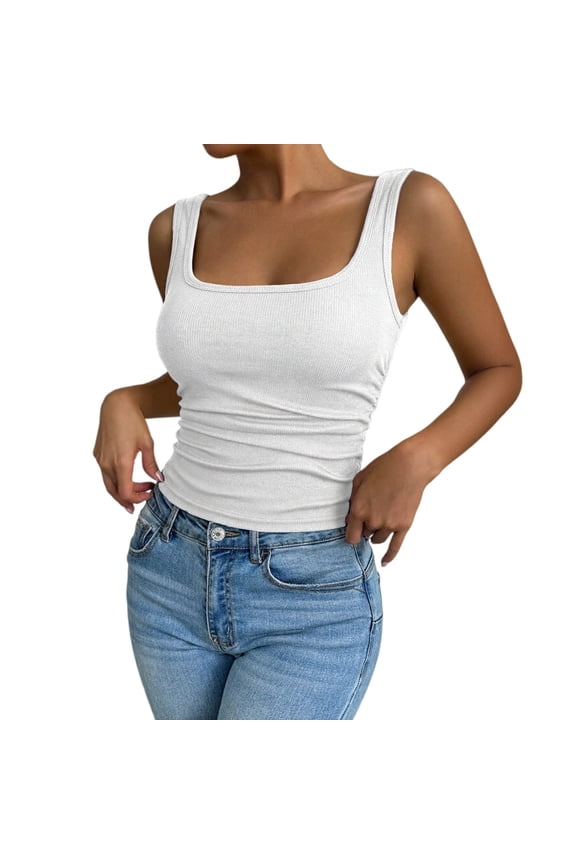 Womens Cotton Ribbed Square Neck Tank Tops Basic Sleeveless Summer Cami Shirts Slim Fit Sleeveless Camisole Stretchy Knit Solid Color Basic Cami Shirt Layering Workout Tank Tops White S
