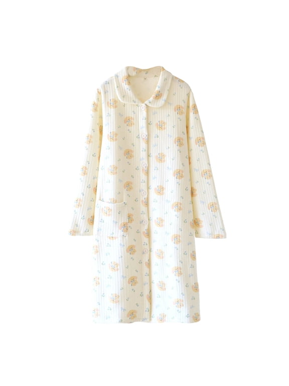 Womens Cotton Robe Fall Casual Button Down Printed Lounge Robe Collar Knee Length Long Sleeve Pajamas Sleepwear Blue M