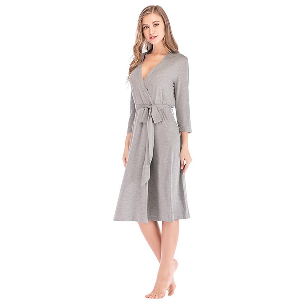 Womens Cotton Robes Lightweight Bathrobe with 3/8 Sleeves Ladies