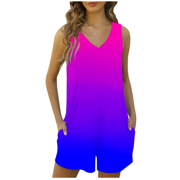 Womens Cotton Romper Shorts with Pockets Sleeveless V Neck Tank Top Short Jumpsuit Summer Casual Jumper Overalls (L, Multicolor 01)
