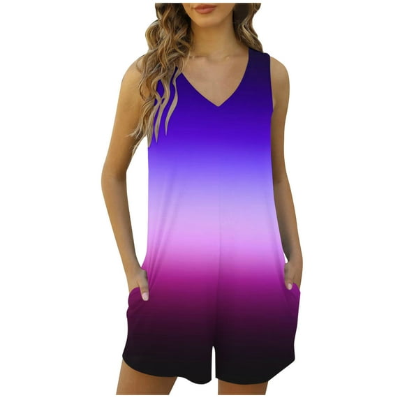 Womens Cotton Romper Shorts with Pockets Sleeveless V Neck Tank Top Short Jumpsuit Summer Casual Jumper Overalls (L, Multicolor 03)