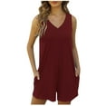 thumbnail image 1 of Womens Cotton Romper Shorts with Pockets Sleeveless V Neck Tank Top Short Jumpsuit Summer Casual Jumper Overalls (XL, Wine), 1 of 7