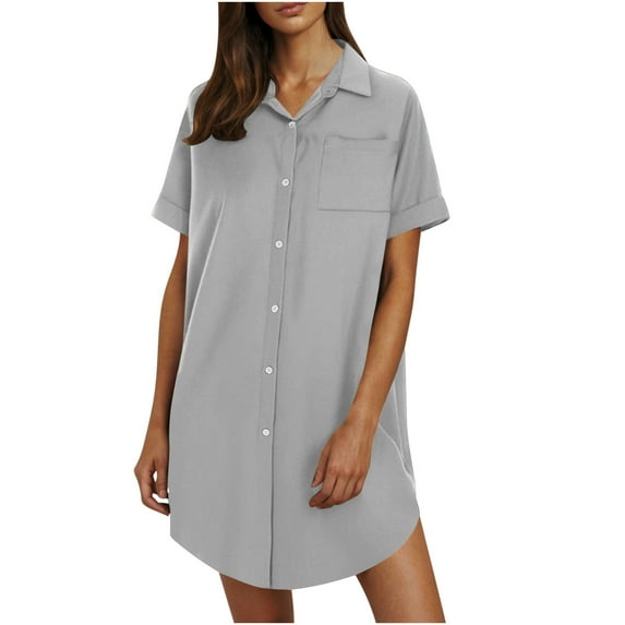 Womens Cotton Shirt Dress Summer Casual Short Sleeve Button With Collar Shirt Dress Gray