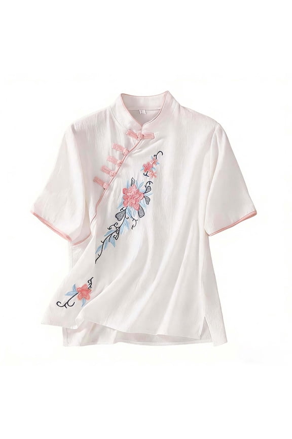 Womens Cotton Shirt Mandarin Collar Button Chinese Cheongsam Blouse 3/4 Sleeve Loose Fit Cute Floral Tee Shirt