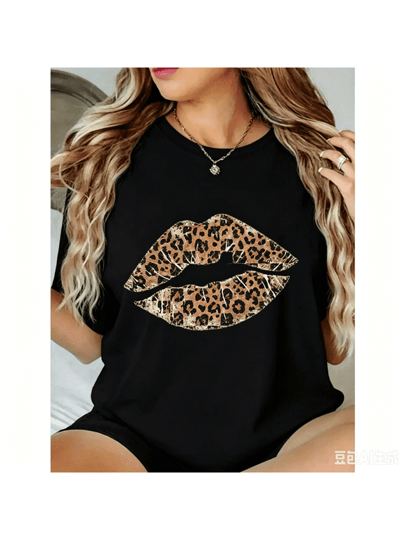 Womens Cotton Short Sleeve Graphic Tee Checkered Lips Print Casual Summer Top Crew Neck Soft Breathable Streetwear Outfit