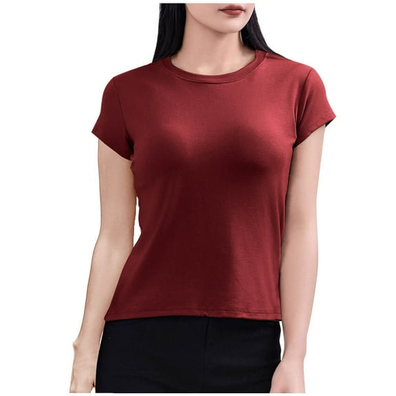 Womens Cotton Short Sleeve T Shirts Crewneck Slim Fitted Basic Tees Casual Plain Tight Lightweight Summer Tops