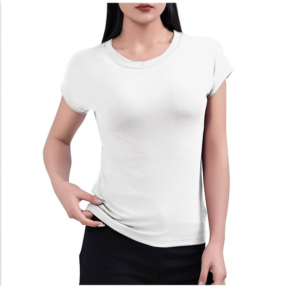 Womens Cotton Short Sleeve T Shirts Crewneck Slim Fitted Basic Tees Casual Plain Tight Lightweight Summer Tops