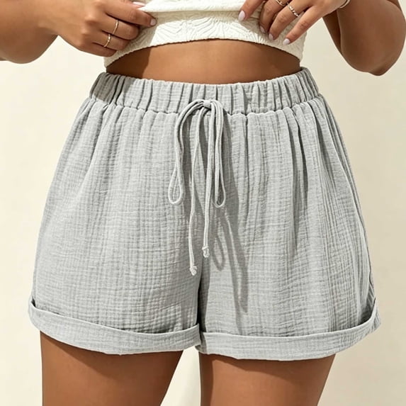 Womens Cotton Shorts Plus Size Elastic Waist Drawstring Comfy Summer Beach Soild Color Shorts with Pockets
