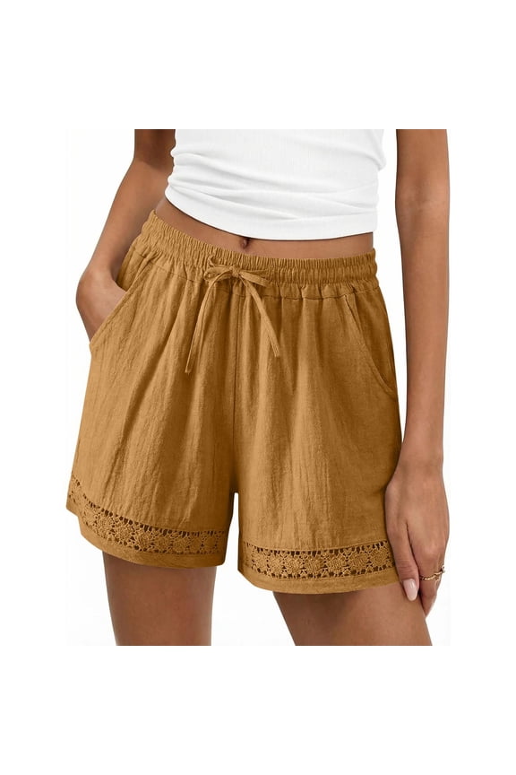 Womens Cotton Shorts Summer Plain Cotton Linen Shorts with Pockets Wide Leg Elastic Waist Short Casual Pants Beach Fitness Yoga Hotpants Loose Fit Floral Lace Hem Hot Pants for Vacation