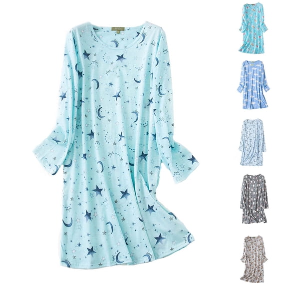 Womens Cotton Sleepwear Long Sleeve Nightgown Printed Sleep Dress Soft Cotton Blend Nightshirt, Casual Printed Sleepshirt, Comfy, Lightweight, Knee Length Nightdress for Sleep, Home, Lounge