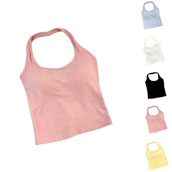 Womens Cotton Solid Color Halter Tank Tops Backless Double Lined Basic Shirts Trendy Going Out Tops Pink Free Size