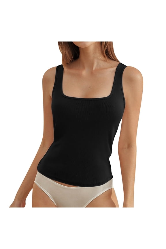 Womens Cotton Square Neck Tank Tops Fitted Thin Shoulder Strap Sleeveless Basic Summer Cami Going Out Top Clothes