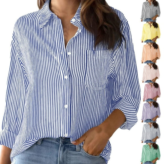 Womens Cotton Striped Blouse Button Down Shirt Long Sleeve Relaxed Fit Work Casual Top