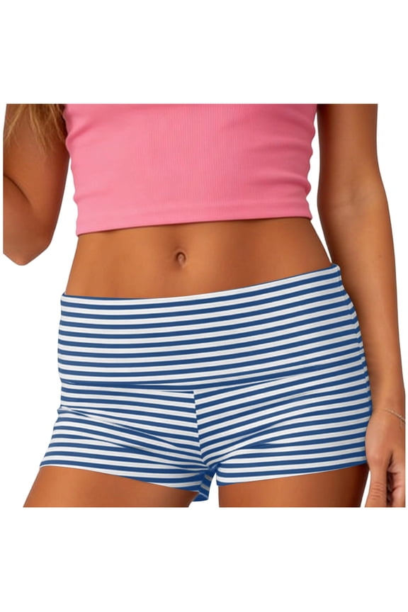 Womens Cotton Striped Shorts Low Waist Stretch Skinny Hot Pants Trendy Fold Over Lounge Y2k Summer Sleep Bottom Blue, S