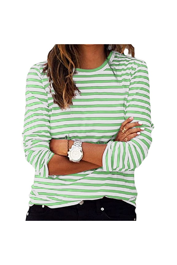 Womens Cotton Striped T Shirts Long Sleeve Round Neck Basic Tees Fall Winter Tops Casual Pullover Tshirts (L, Green)