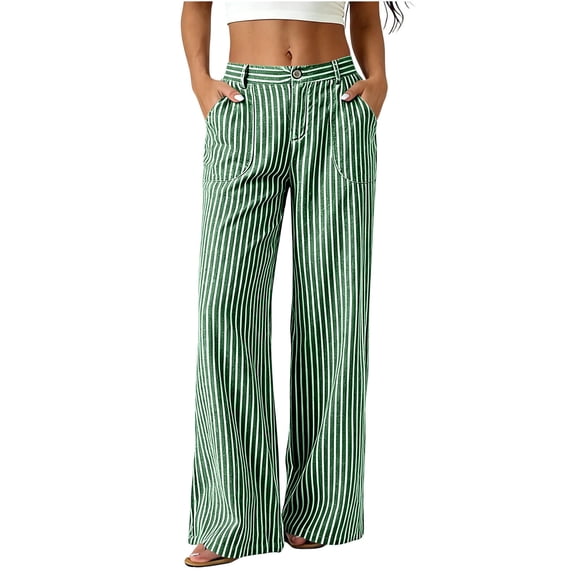 Womens Cotton Striped Wide Leg Pants Elastic Waist Button Closure Flowy Trousers Casual Vacation Boho Pants with Pockets Green