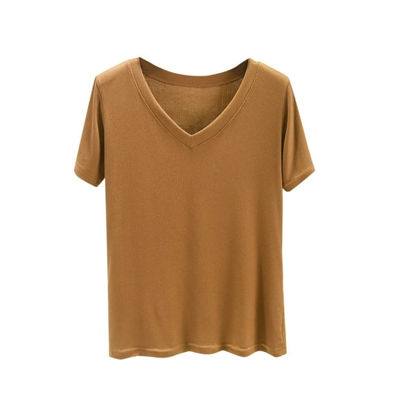 Womens Cotton Summer Tops, Short Sleeve Shirts for Women Casual Loose Fit Solid Color V Neck T-Shirts
