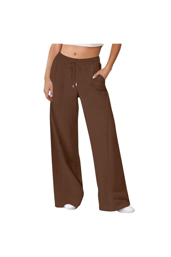 Womens Cotton Sweatpants with Pockets Loose Casual Drawstring Elastic Waist Wide Leg Joggers Lounge Pants (L, Coffee)