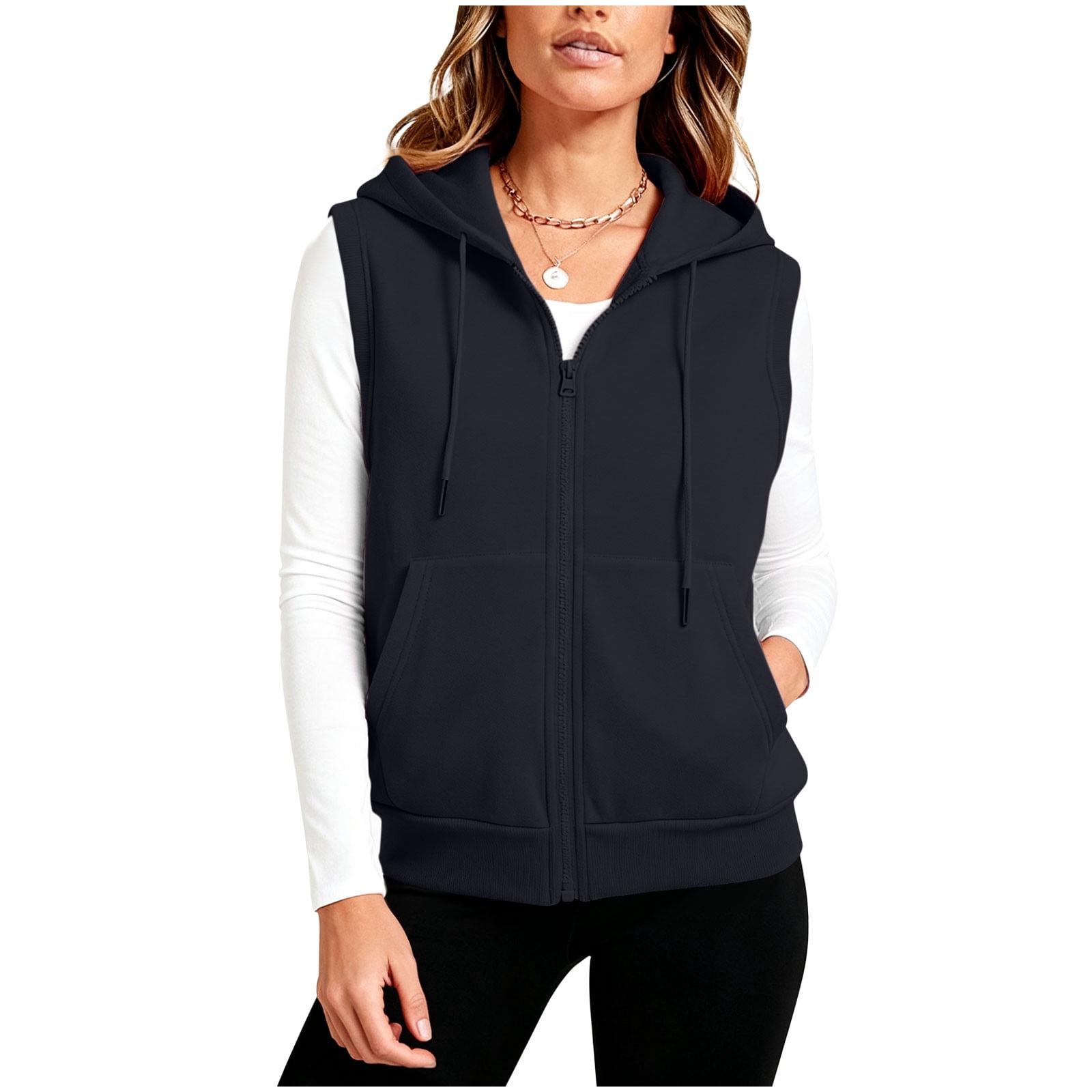 Womens Cotton Sweatshirt Vest with Pockets Zip Up Sleeveless