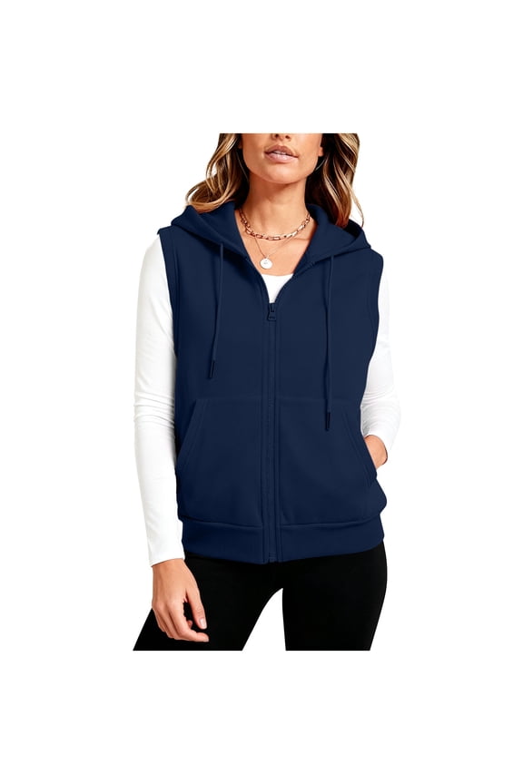 Womens Cotton Sweatshirt Vest with Pockets Zip Up Sleeveless Hoodies Drawstring Hooded Fall Sport Outerwear (5XL, Dark Blue)