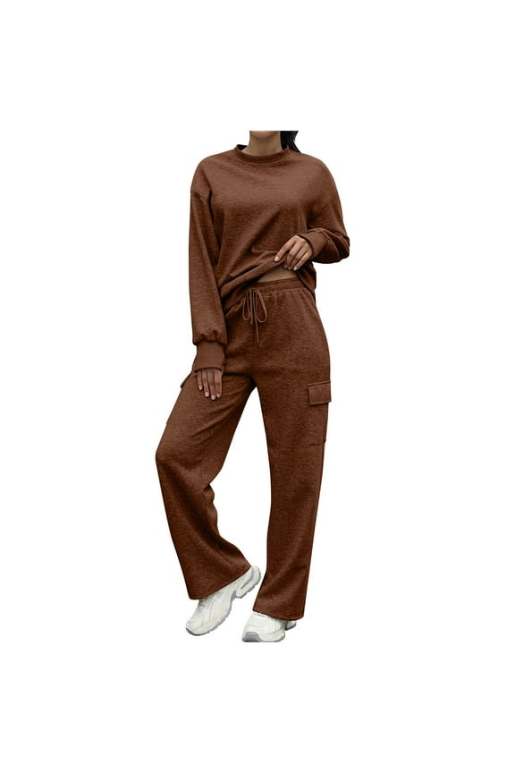 Womens Cotton Sweatsuits 2 Piece Plain Pullover and Wide Leg Sweatpant Tracksuits Pant Sets for Fall Winter (L, Brown)