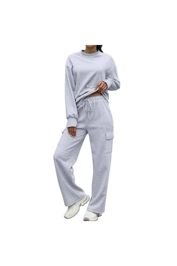 Womens Cotton Sweatsuits 2 Piece Plain Pullover and Wide Leg Sweatpant Tracksuits Pant Sets for Fall Winter (XL, Gray)