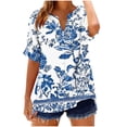 thumbnail image 1 of Womens Cotton T-Shirt Short Roll On Sleeve Shirt Button V Neck Fashion Printed Comfy Loose Fit Summer Tops (S, Blue), 1 of 5