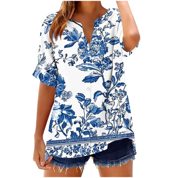 Womens Cotton T-Shirt Short Roll On Sleeve Shirt Button V Neck Fashion Printed Comfy Loose Fit Summer Tops (S, Blue)