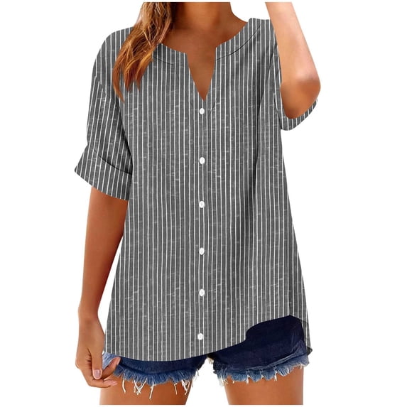 Womens Cotton T-Shirt Short Roll On Sleeve Shirt Button V Neck Fashion Printed Comfy Loose Fit Summer Tops (XL, Gray)