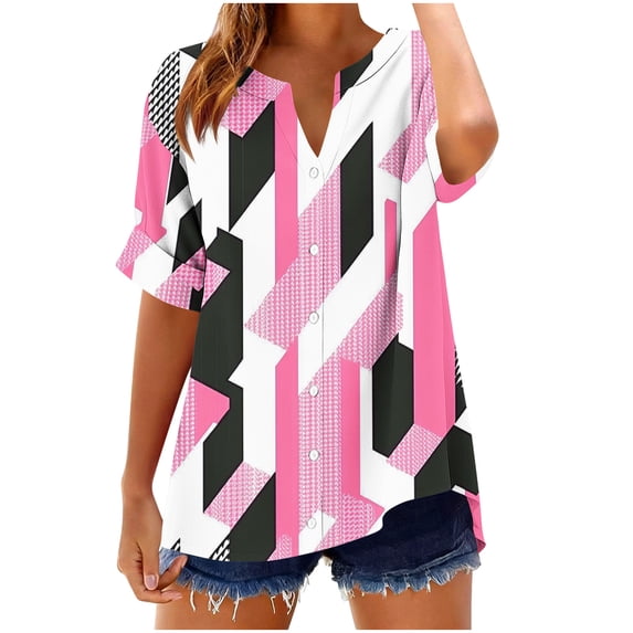 Womens Cotton T-Shirt Short Roll On Sleeve Shirt Button V Neck Fashion Printed Comfy Loose Fit Summer Tops (XL, Pink)