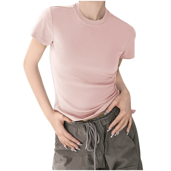 Womens Cotton T Shirt Short Sleeve Solid Color Crew Neck Basic Stretchy Tops Casual Summer Slim Fit Tee Pink Womens Tops